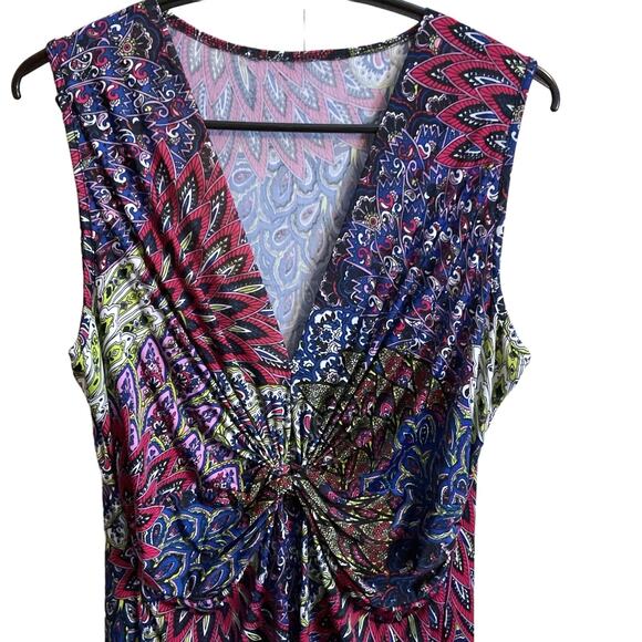 Connected Apparel Colorful Peacock Dress Size XL Sleeveless Vneck Ruched - Picture 2 of 8